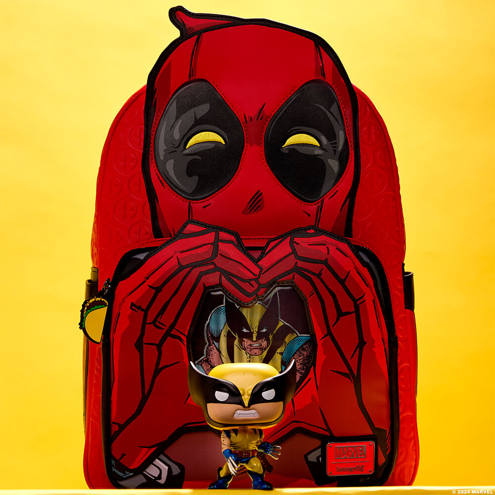 Yellow product background featuring NYCC Exclusive Marvel Deadpool & Wolverine POP! & Bag