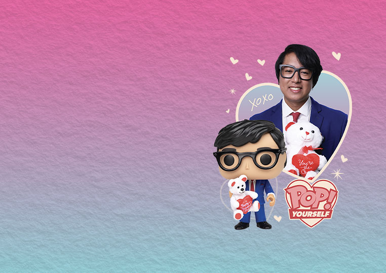 Pink and Blue gradient background featuring Funko POP! Yourself Builder with Valentine's Day accessories