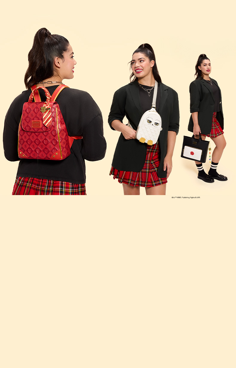 Tan background with model showcasing Loungefly Harry Potter collection