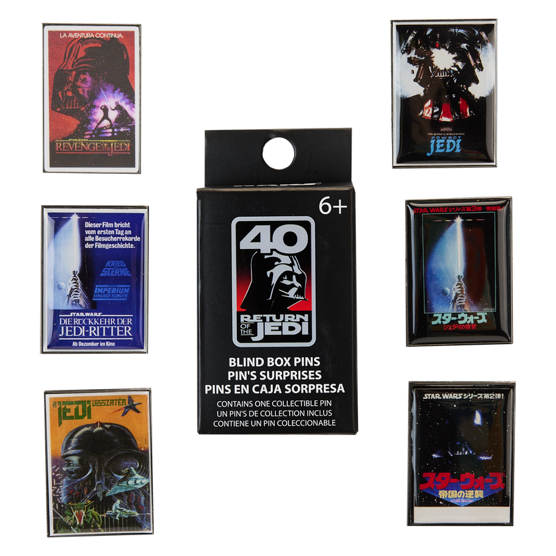 Image of all six options of the Star Wars: Return of the Jedi 40th Anniversary International Posters Mystery Pin Set, featuring Return of the Jedi posters in different languages