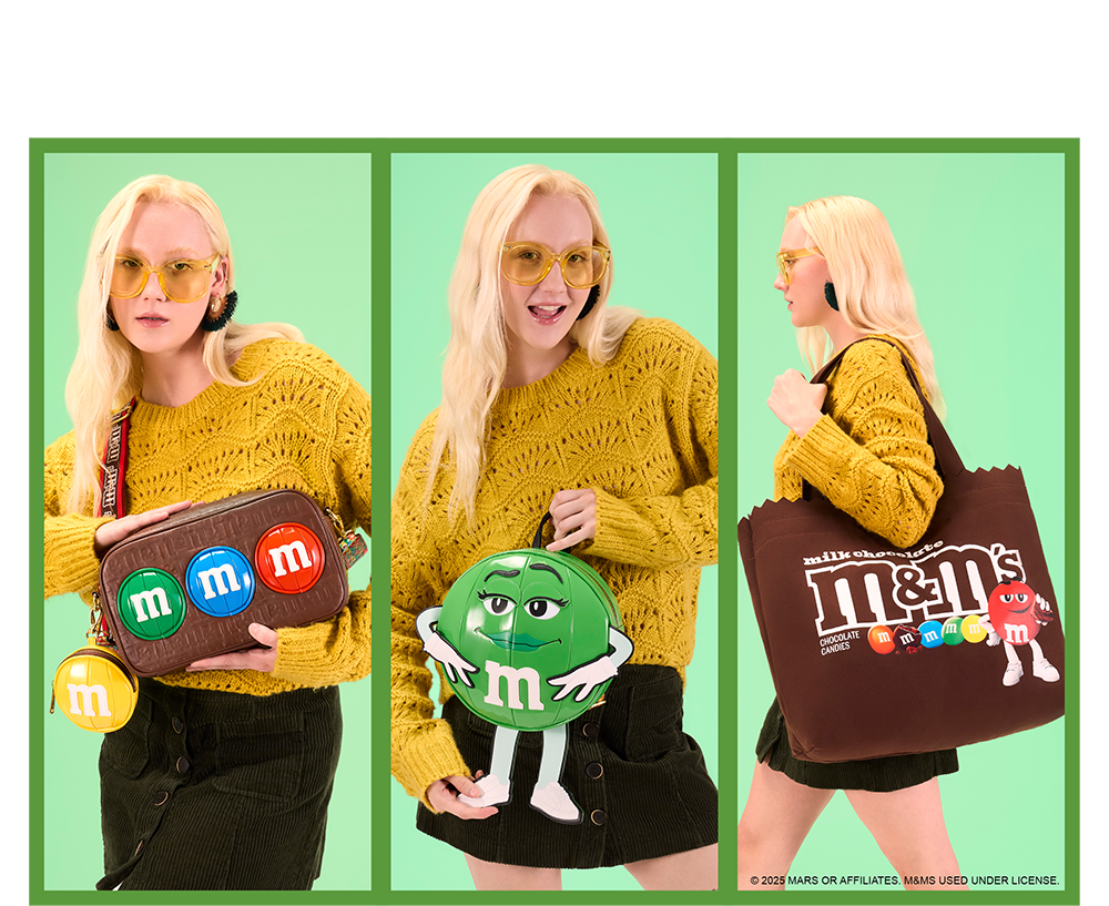 Green collage with model showcasing Loungefly M&M's collection
