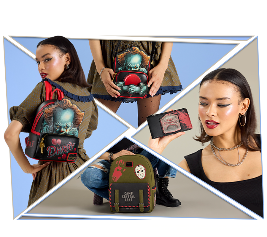 Model showcasing Loungefly IT and Friday the 13th collections