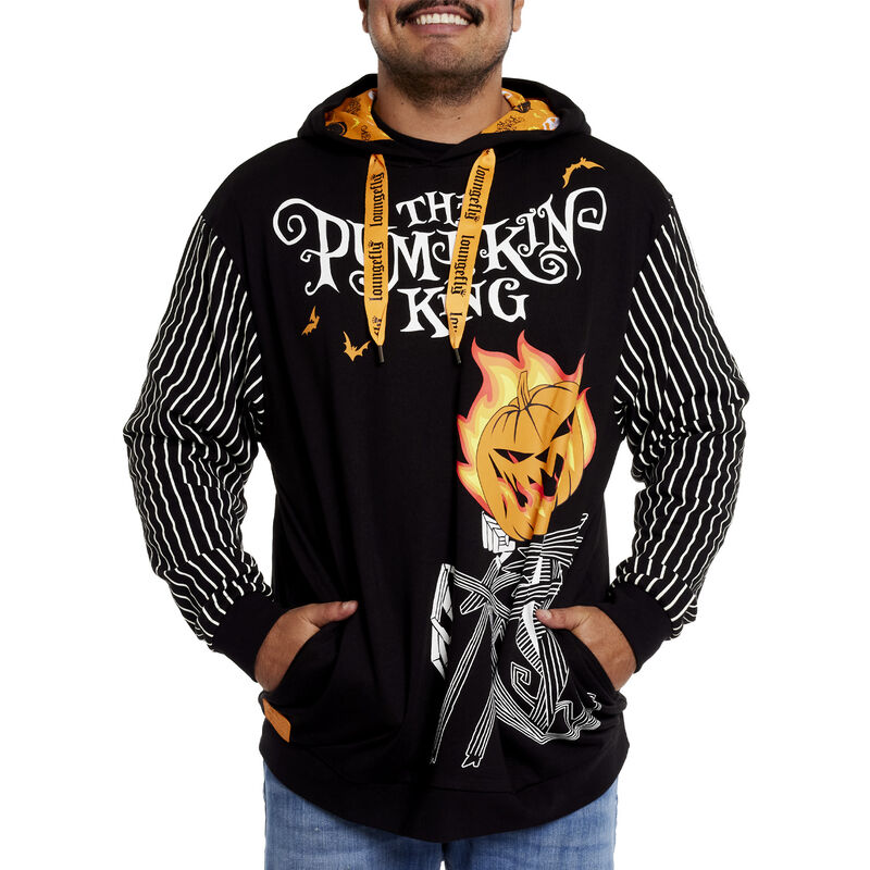 Man against a white background wearing the Nightmare Before Christmas Pumpkin King Unisex Hoodie