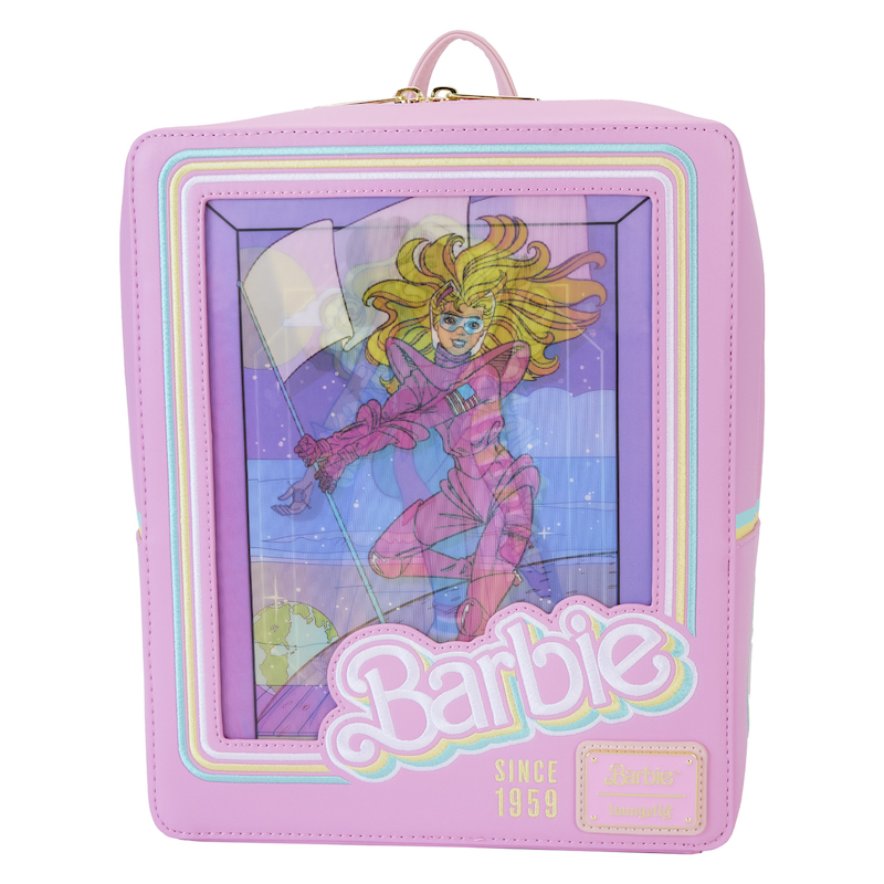 Pink Loungefly Barbie 65th Anniversary mini backpack shaped like a Barbie doll box, with a lenticular panel that shows 3 different Barbie dolls as you view it from different angles