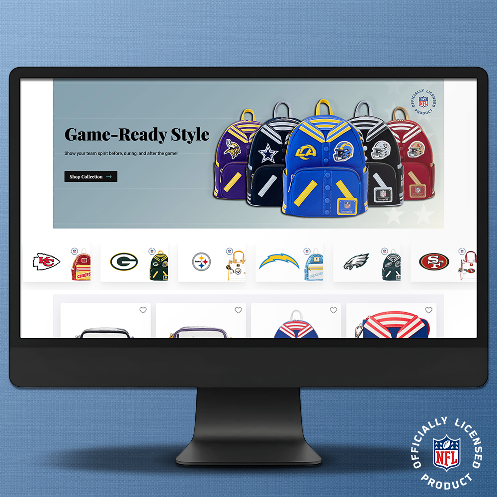 Blue background with Black computer screen with screen grab of Loungefly NFL page