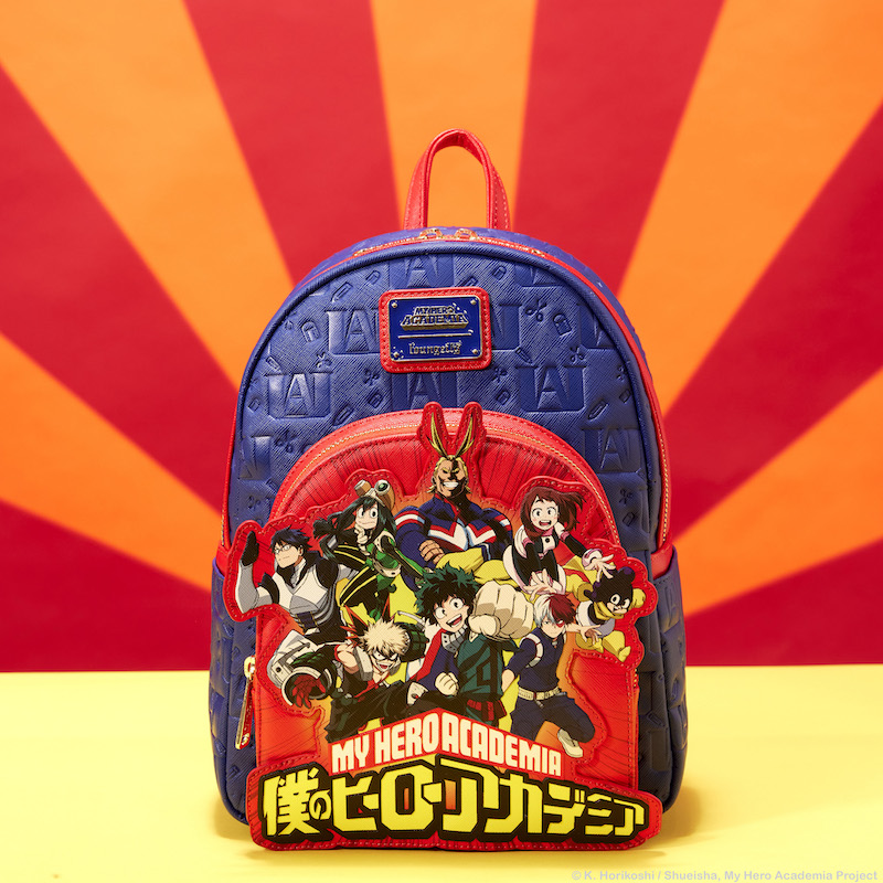 Loungefly My Hero Academia Group Debossed Logo mini backpack featuring a blue backpack with an all-over debossed print of the U.A. High School logo and a red front pocket featuring characters from My Hero Academia, including Tenya Iida, Tsuyu Asui, All Might, Ochaco Uraraka, Minoru Mineta, Katsuki Bakugo, and Shoto Todoroki. 