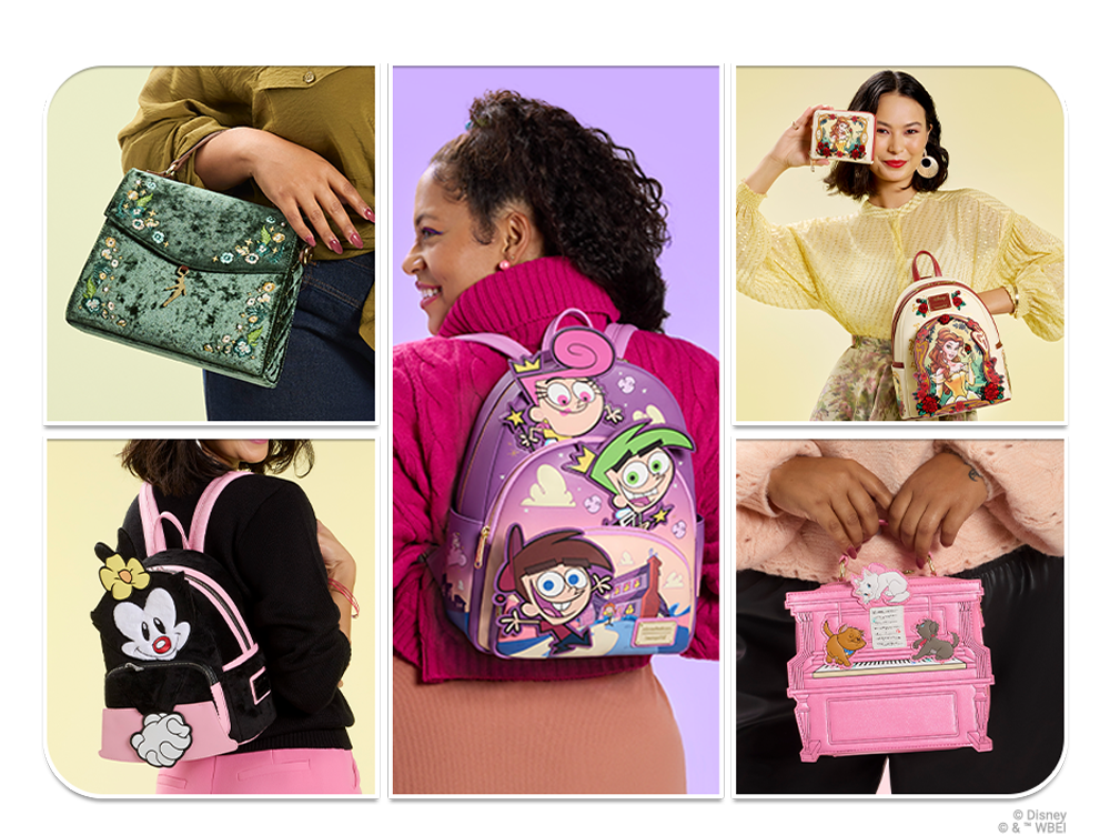 Collage of Loungefly Exclusives will styles inspired by Peter Pan, Animaniacs, Beauty and the Beast and more