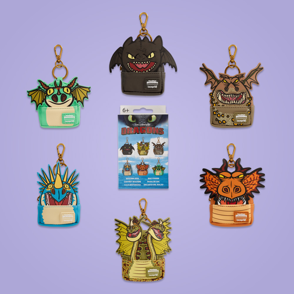 Purple background featuring Loungefly How To Train Your Dragon Mystery Mini Backpack Keychain Charm