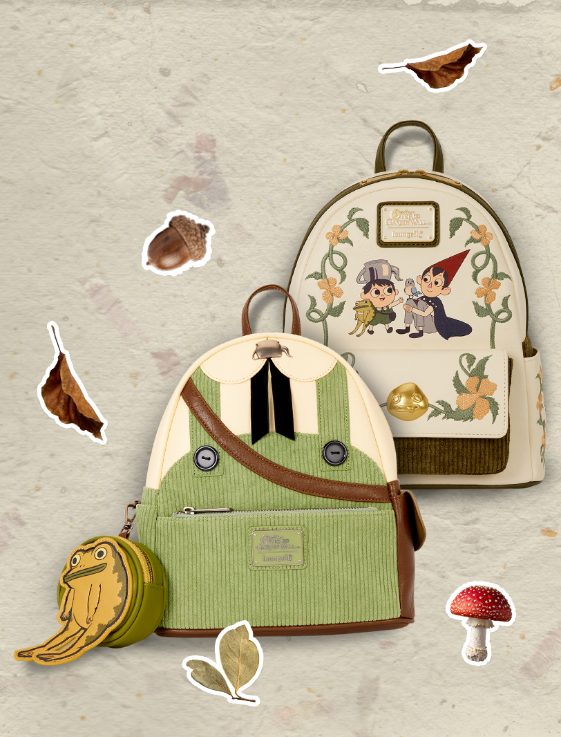 Tan background featuring Loungefly Over the Garden Wall collection