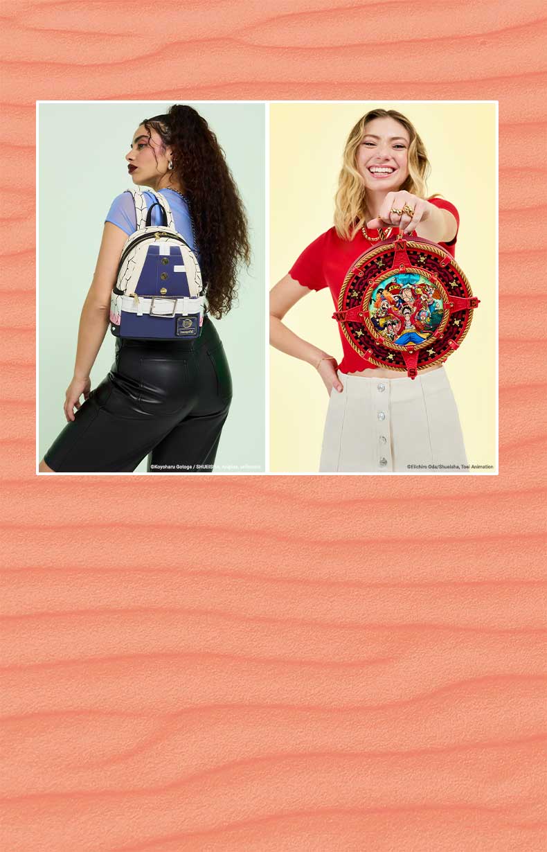 Pink background with wavy lines featuring Loungefly One Piece and Demon Slayer collections