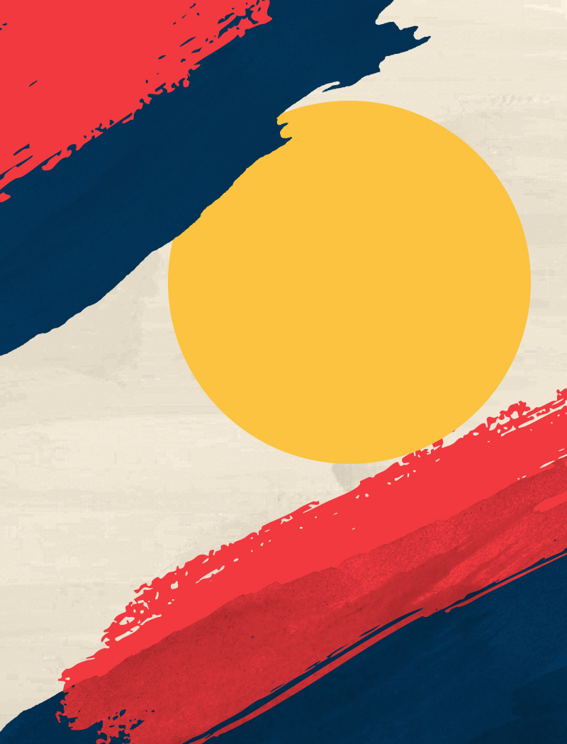 Tan background with Yellow, Red, and Dark Blue paint streaks