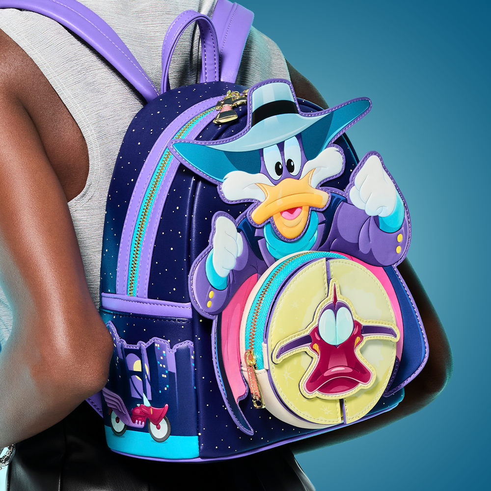 Blue background with model wearing Loungefly Disney Darkwing Duck mini backpack