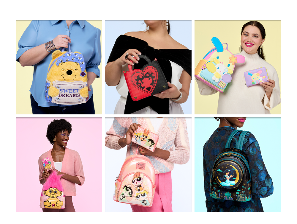 White collage featuring multicolor backgrounds and models showcasing Loungefly February Exclusives collection