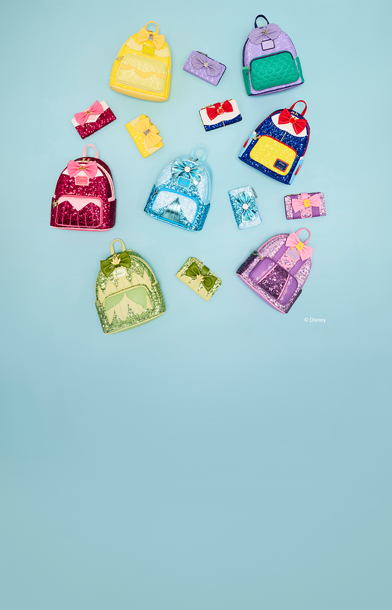 Teal background featuring Loungefly Disney Princess Sequin Series collection