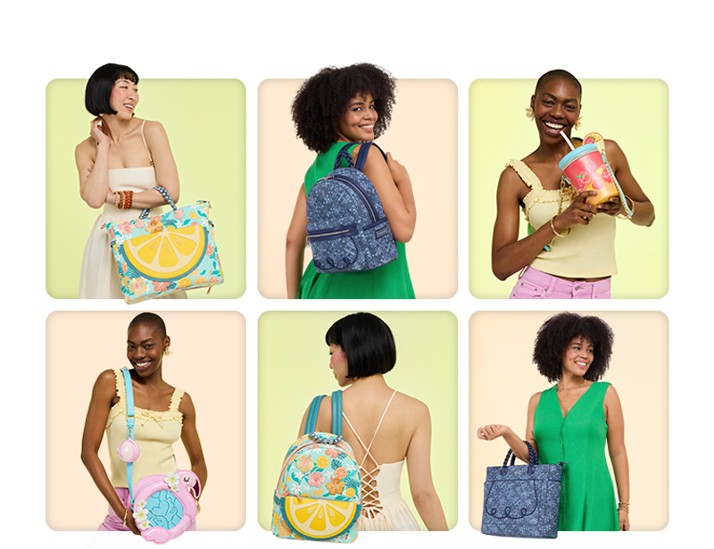 Collage of models showcasing Loungefly branded collection inspired by Summer and denim