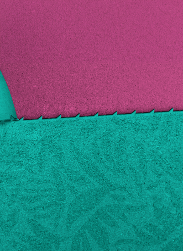 Teal background with floral pattern and box rip pattern exposing Dark Pink background with sparkles