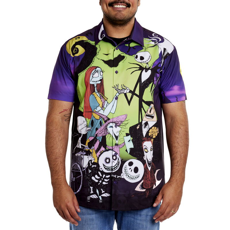Man against a white background wearing the Nightmare Before Christmas Camp Shirt