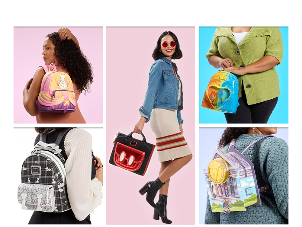 White collage borders featuring Loungefly Disney exclusives with styles inspired by Mickey Mouse, Elemental, Hercules and more!