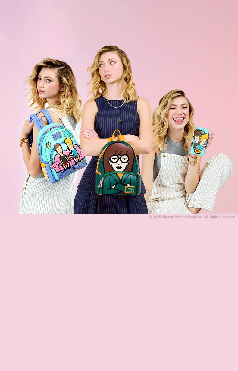 Pink product background showcasing Loungefly May MTV Beavis & Butthead and Daria collection
