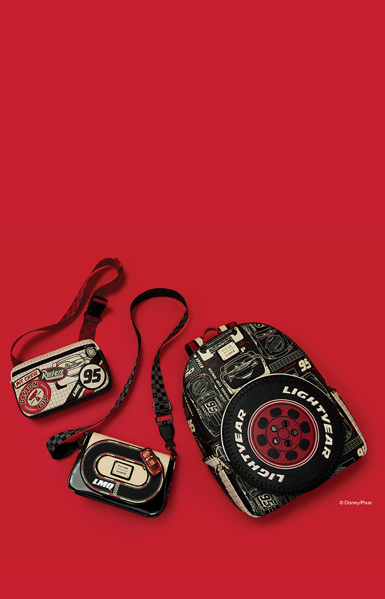 Red product background featuring Loungefly Pixar Cars collection