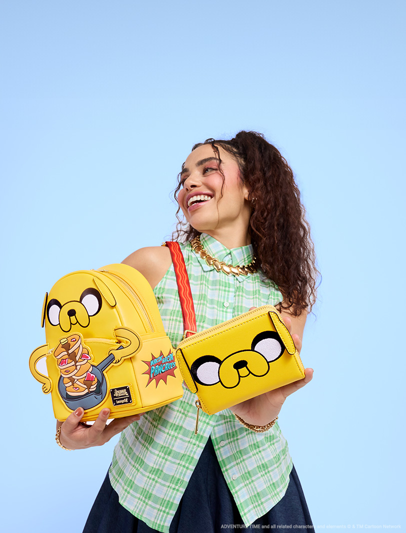 Blue background with model showcasing Loungefly Cartoon Network Adventure Time collection