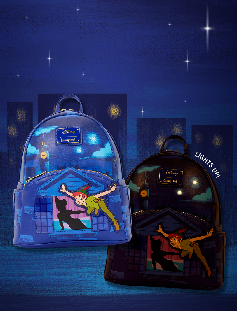 Dark Blue night time village drawing with shining stars featuring Loungefly Disney Peter Pan Light-Up exclusive
