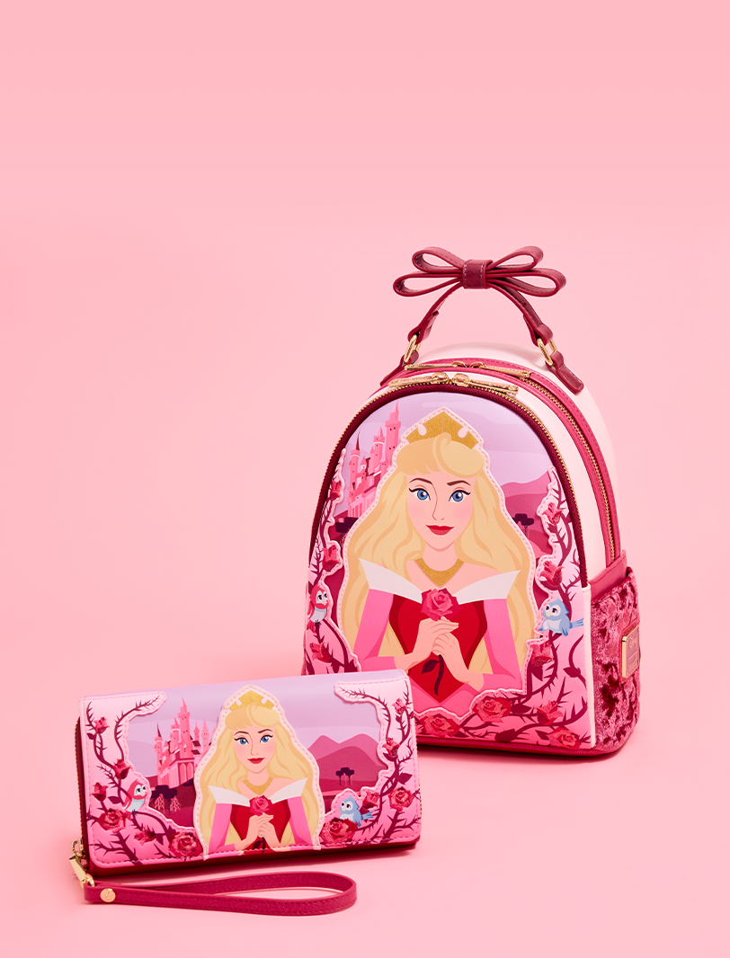 Pink background featuring Loungefly Disney Sleeping Beauty collection