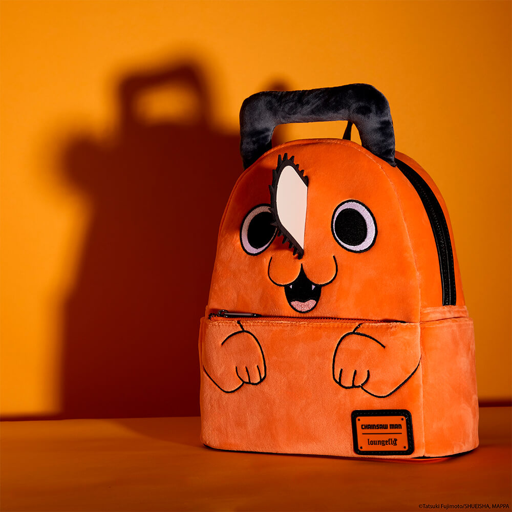 Orange background featuring Chainsaw Man Pochita Plush Mini Backpack