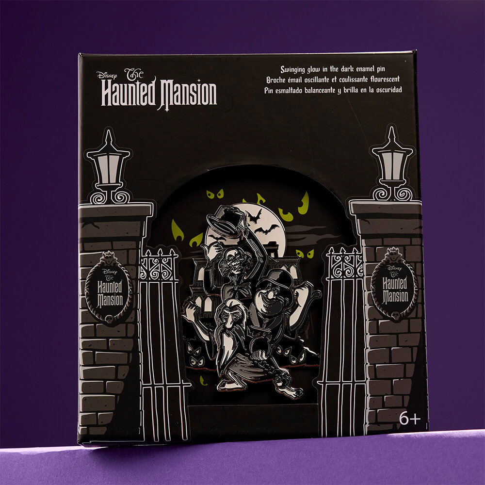 Purple product background featuring Disney The Haunted Mansion Hitchhiking Ghosts Glow 3" Collector Box Sliding Pin