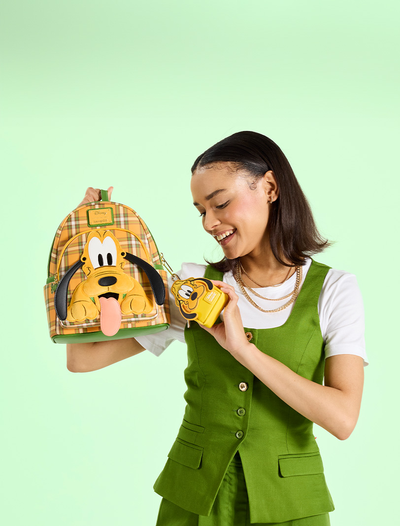 Green background with model showcasing Loungefly Disney Pluto 95th Anniversary collection