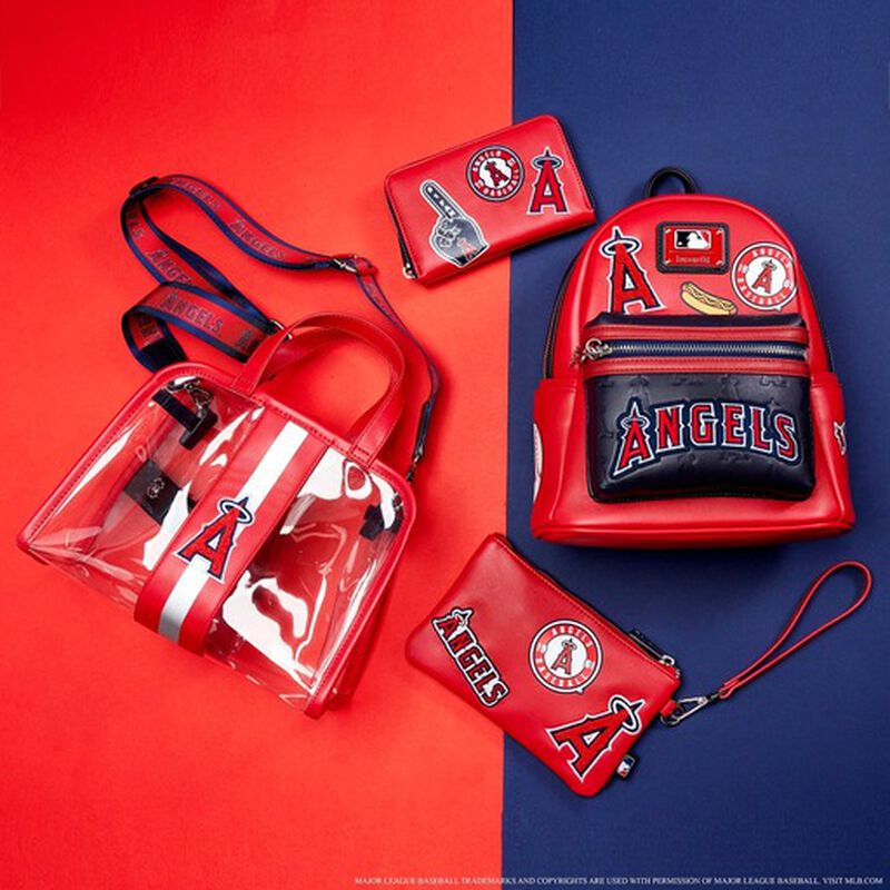 Image of our LA Angels Patches collection including mini backpack, wallet, and stadium bag with pouch against a red and blue background