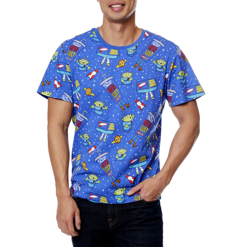 Man wearing a blue short-sleeve t-shirt featuring motifs from Toy Story, featuring images of the aliens, the Pizza Planet logo, and Buzz and Woody hiding in food containers