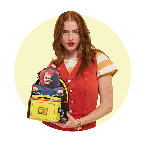 Circle-cropped photo with Yellow background and model showcasing Loungefly Chucky Mini Backpack