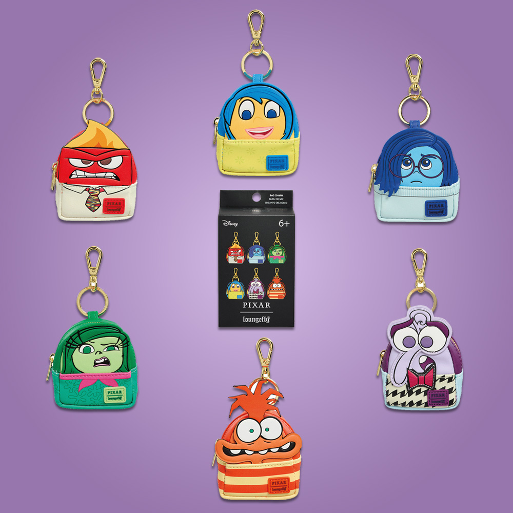 Purple radial background featuring Loungefly Pixar Inside Out 2 Bag Charms