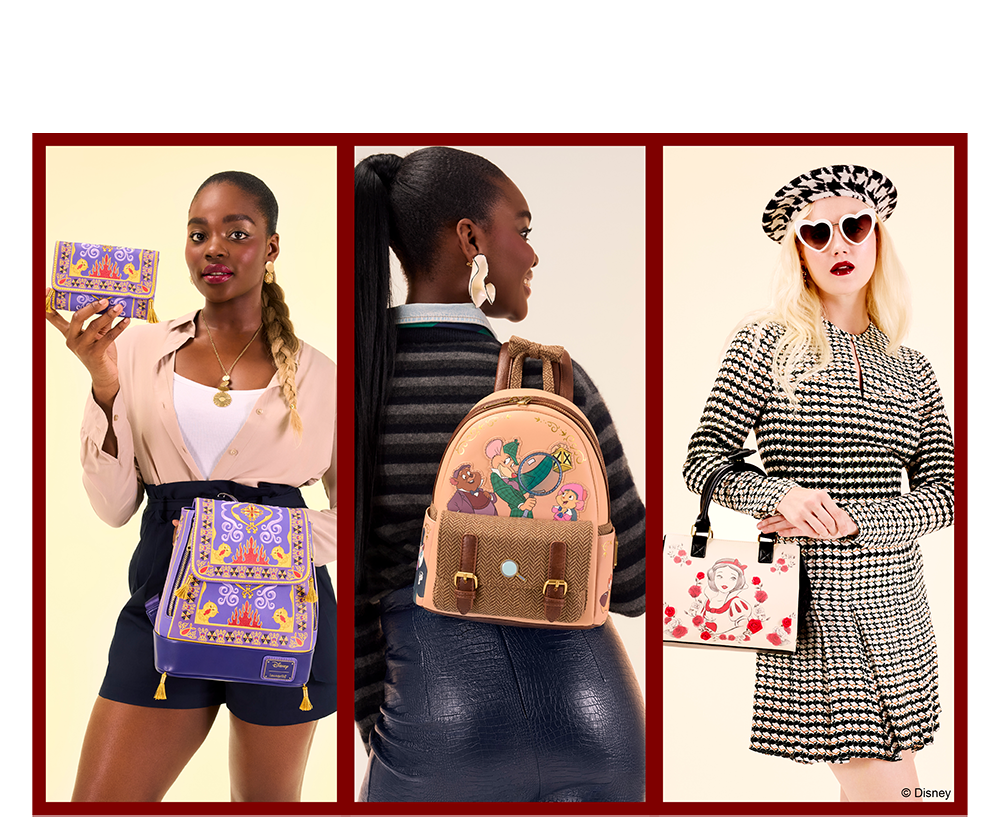 Maroon collage featuring Loungefly September exclusives will styles inspired by Aladdin, The Great Mouse Detective and Snow White