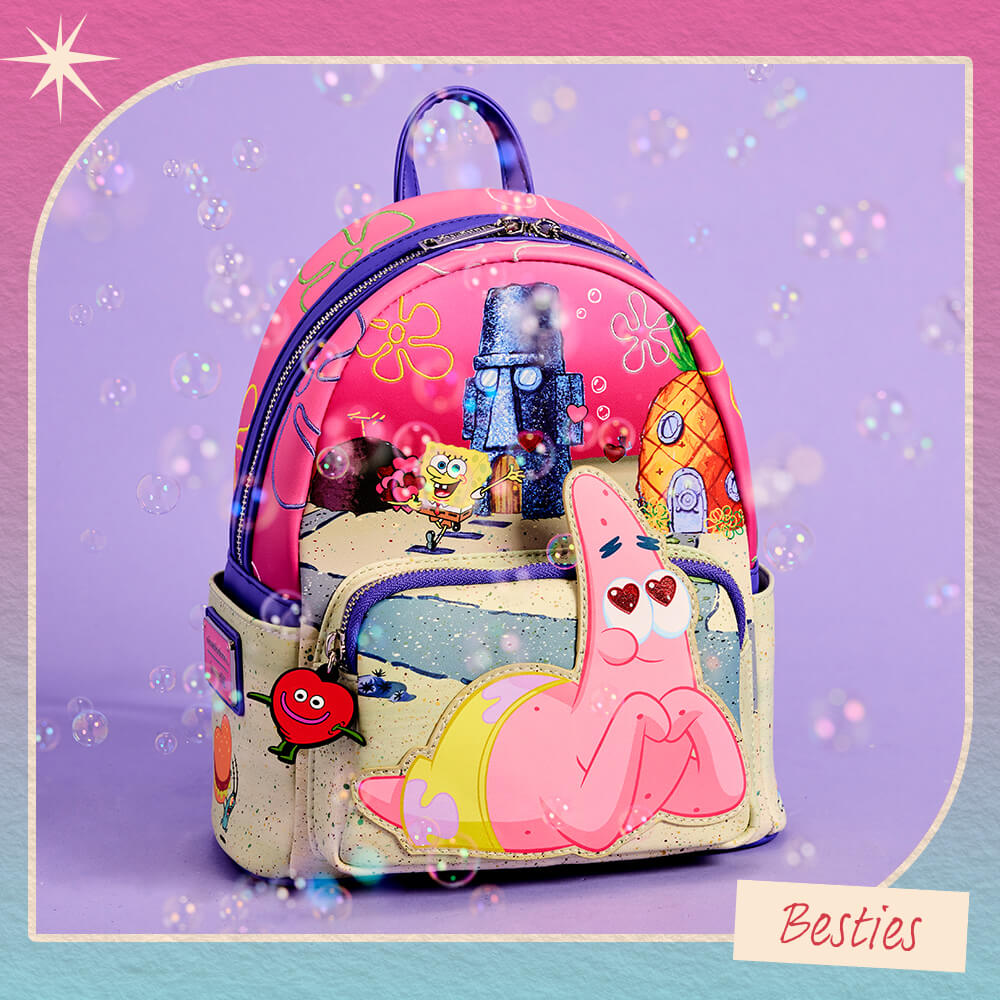 Pink and Blue gradient background featuring Nickelodeon Spongebob and Patrick Valentine's Day Mini Backpack