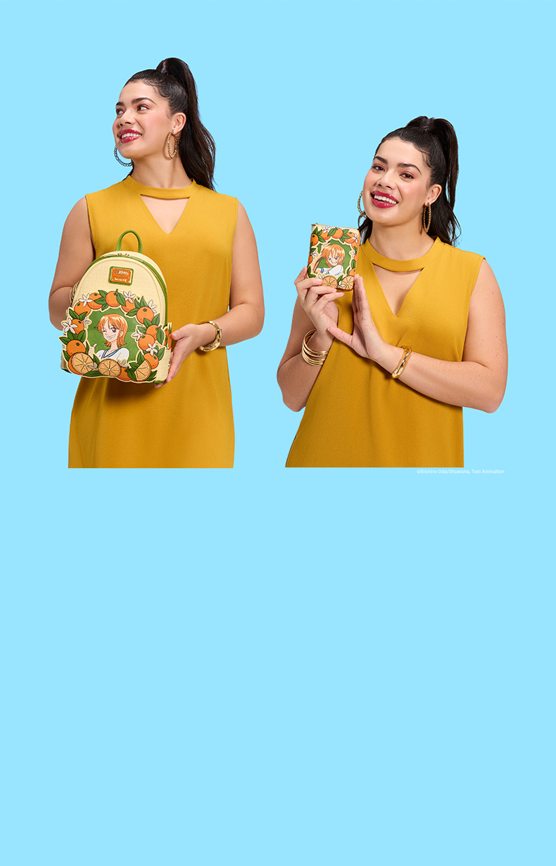 Blue background with model showcasing Loungefly One Piece Nami collection