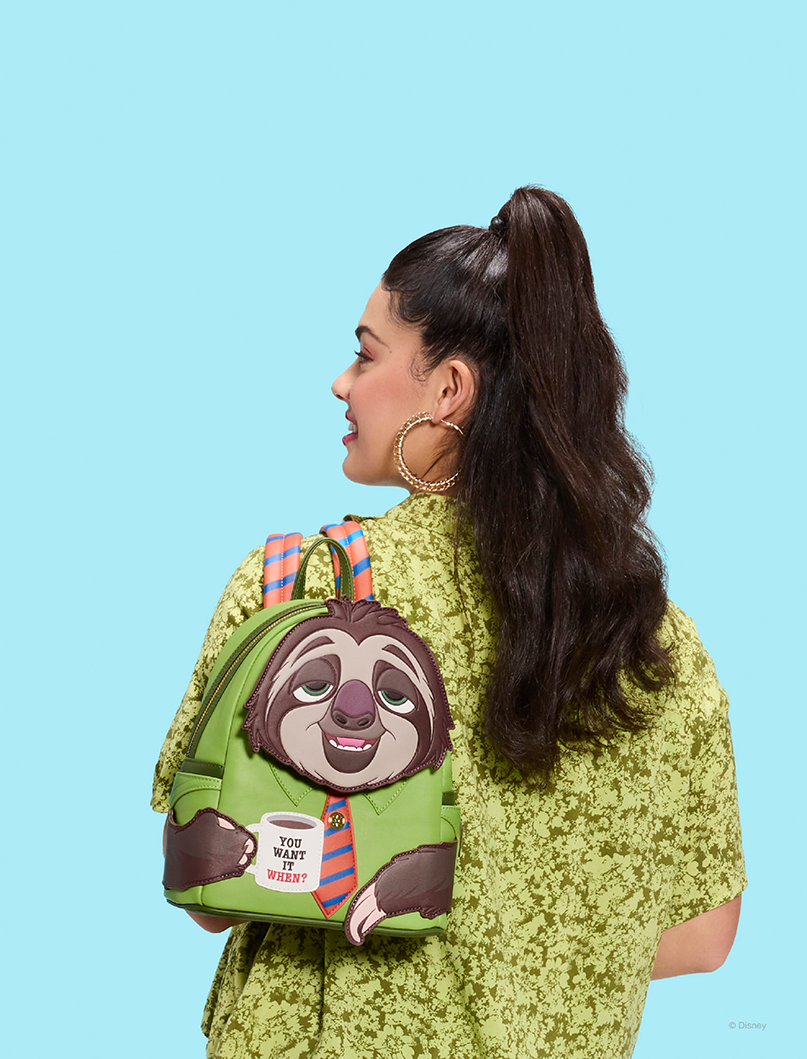 Blue background with model showcasing Loungefly Disney Zootopia Flash exclusives