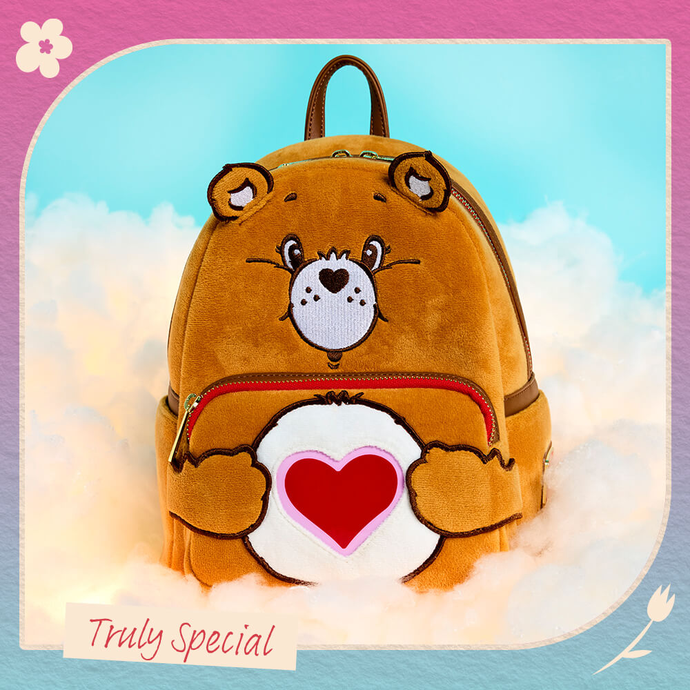 Pink and Blue gradient background featuring Loungefly Exclusive Care Bears Tender Heart Plush Cosplay Mini Backpack