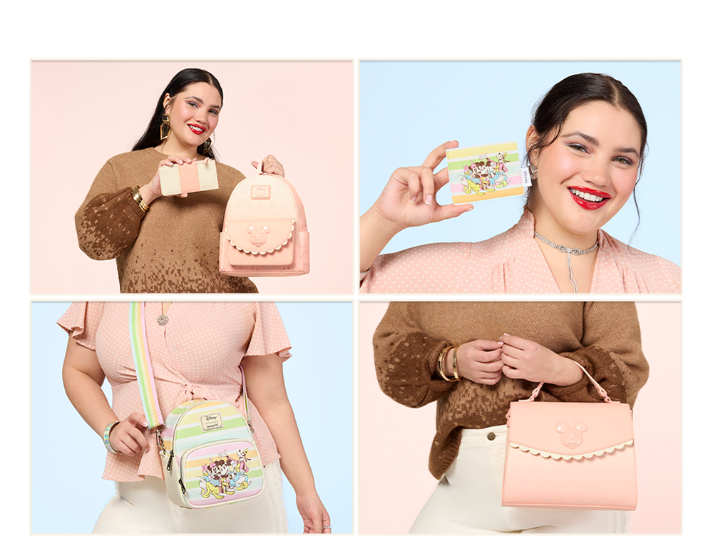 Collage of model showcasing Loungefly Disney Micke and Friends collection against Blue and Light Pink backgrounds