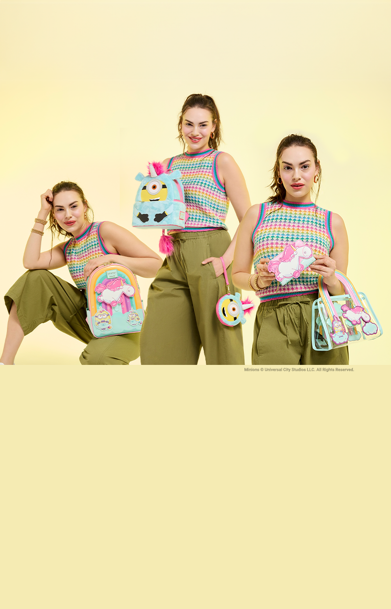Yellow background with model showcasing Loungefly June Illuminations Despicable Me Minions collection