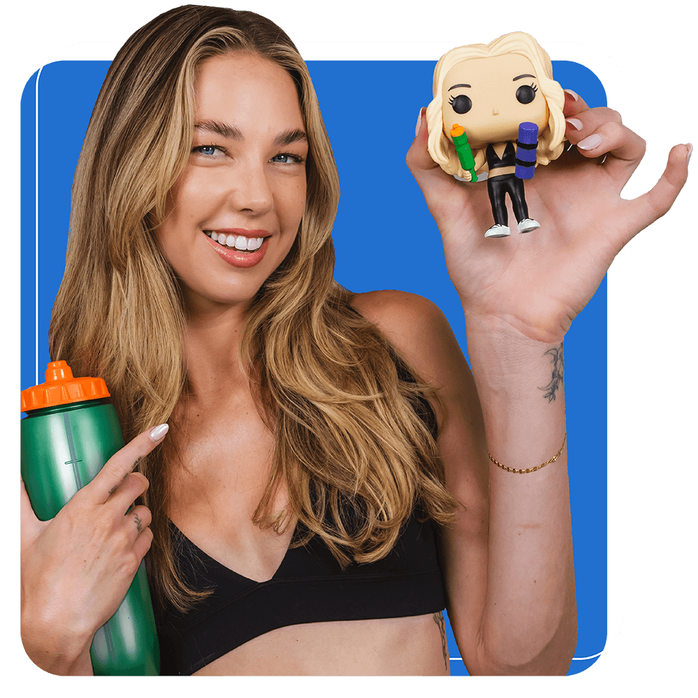 Blue background with model wearing Black workout outfit and water bottle holding a custom Funko POP! Yourself figure with the same outfit and accessories
