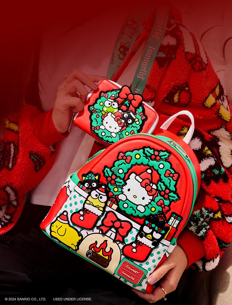 Red background with model showcasing Loungefly October Sanrio Holiday collection