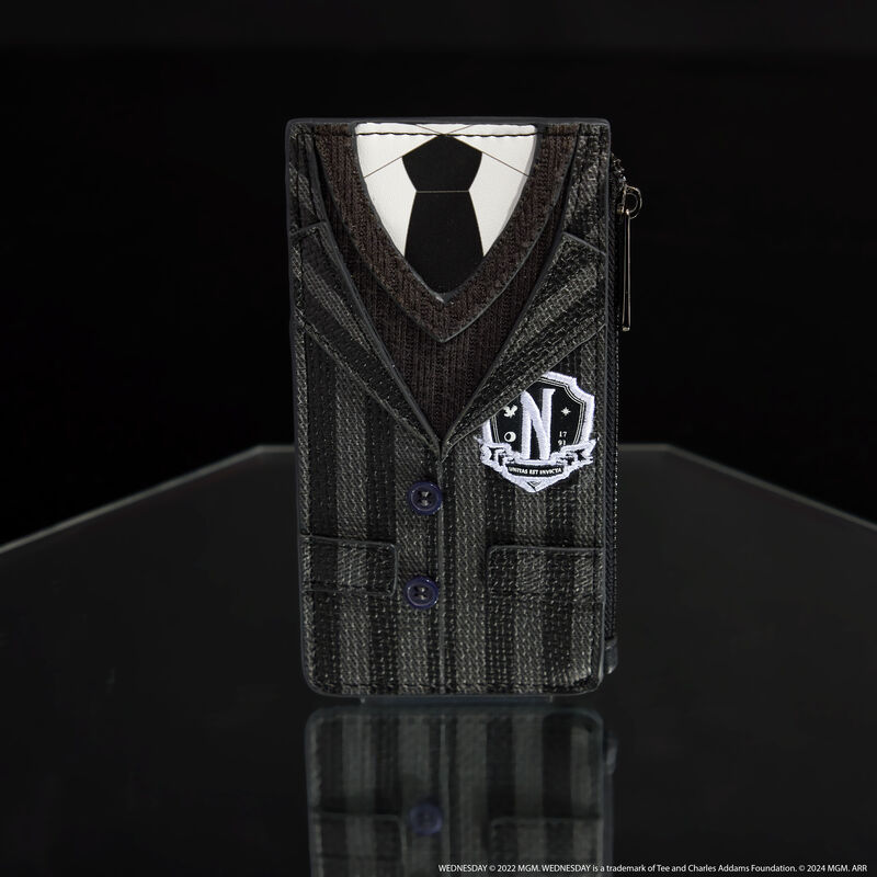 Black and gray Loungefly card holder that looks like Wednesday Addams' Nevermore Academy uniform. It sits against a black background. 