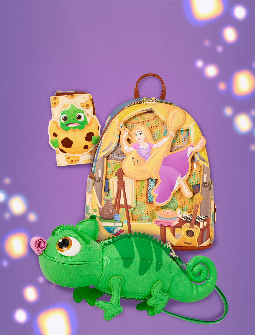Purple background with glowing orbs featuring Loungefly Disney Tangled collection