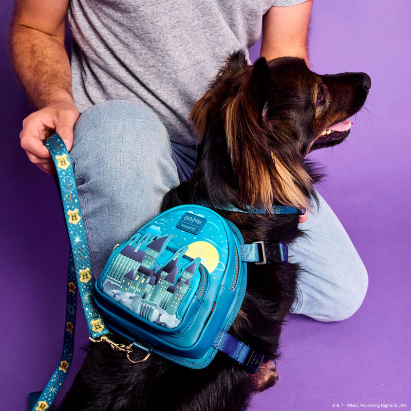 Person kneeling with a brown dog, which is wearing the blue Loungefly Hogwarts Castle mini backpack dog harness. They sit against a purple background.