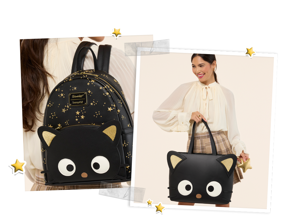 Polaroid collage of model showcasing Loungefly Sanrio Chococat 30th Anniversary collection