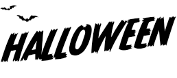 Black curvy text spelling out Halloween with little bats