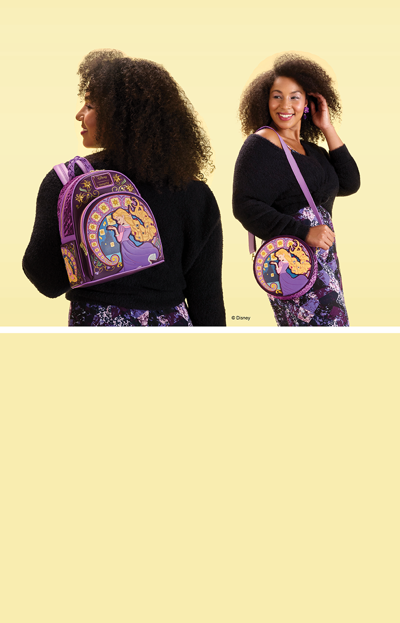Yellow background with model showcasing Loungefly Disney Tangled exclusives