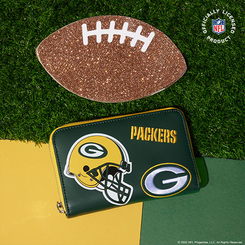 Green yellow color block background with artificial turf featuring NFL Green Bay Packers Patches Zip-Around Wallet